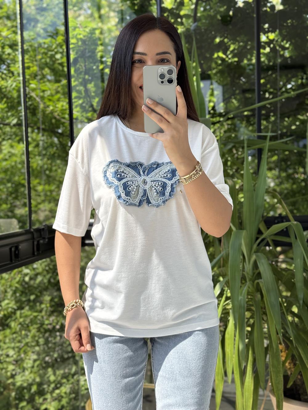 Kot Detaylı Kelebek Tişört Ekru