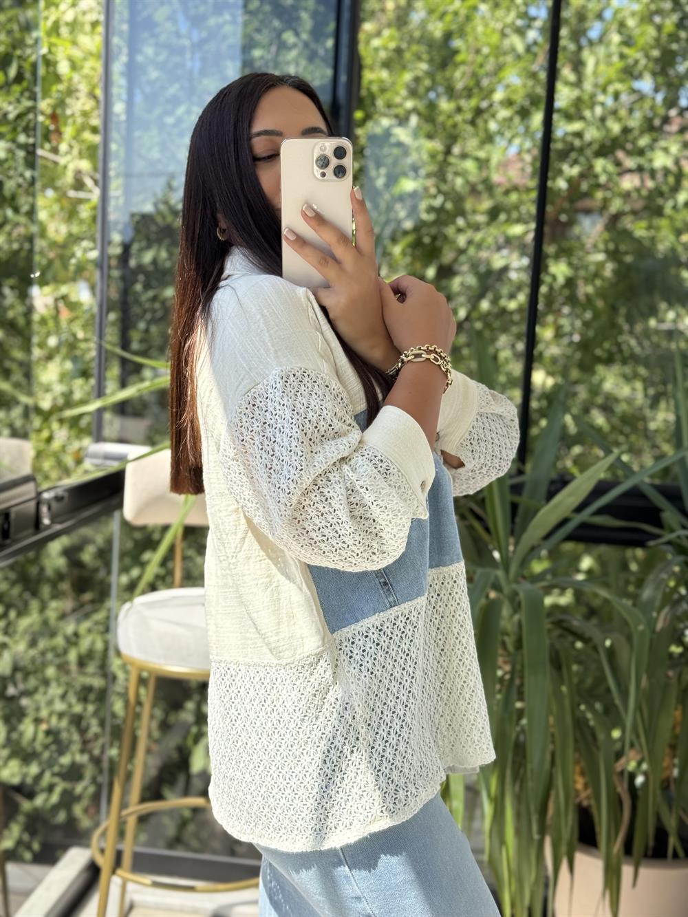 Kot Garnili Dantelli Flamlı Müslim Keten Gömlek Natural