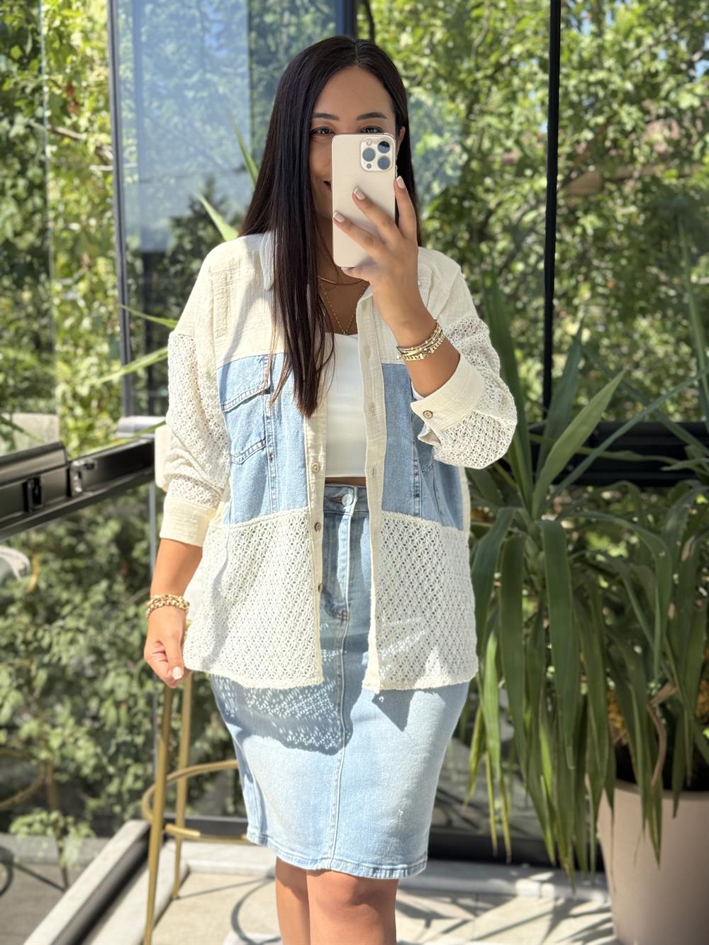 Kot Garnili Dantelli Flamlı Müslim Keten Gömlek Natural