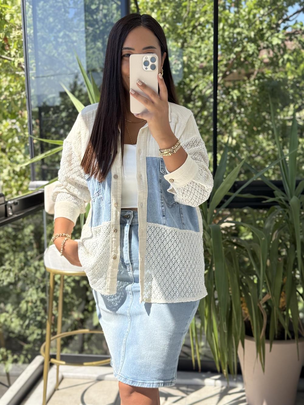 Kot Garnili Dantelli Flamlı Müslim Keten Gömlek Natural