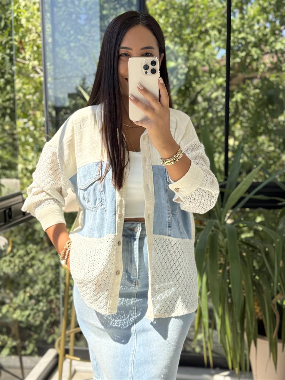 Kot Garnili Dantelli Flamlı Müslim Keten Gömlek Natural