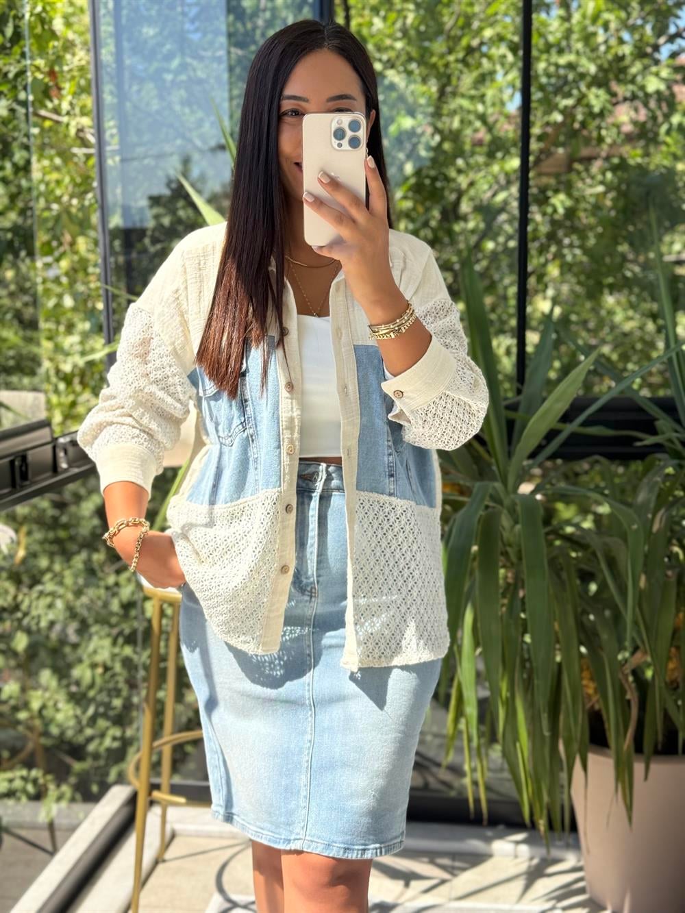 Kot Garnili Dantelli Flamlı Müslim Keten Gömlek Natural