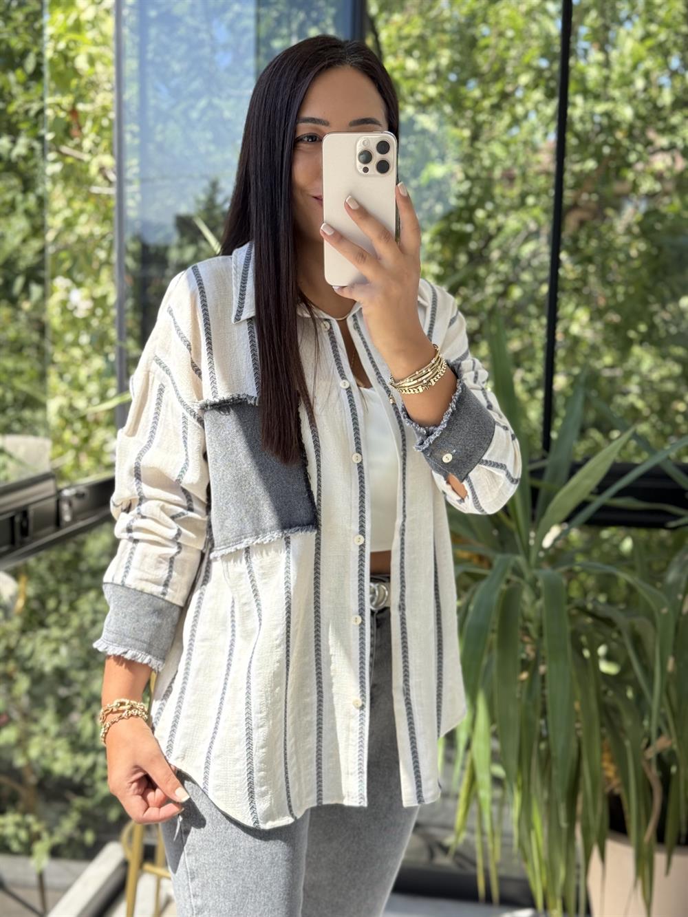 Kot Garnili İbiza Çizgili Keten Gömlek Natural