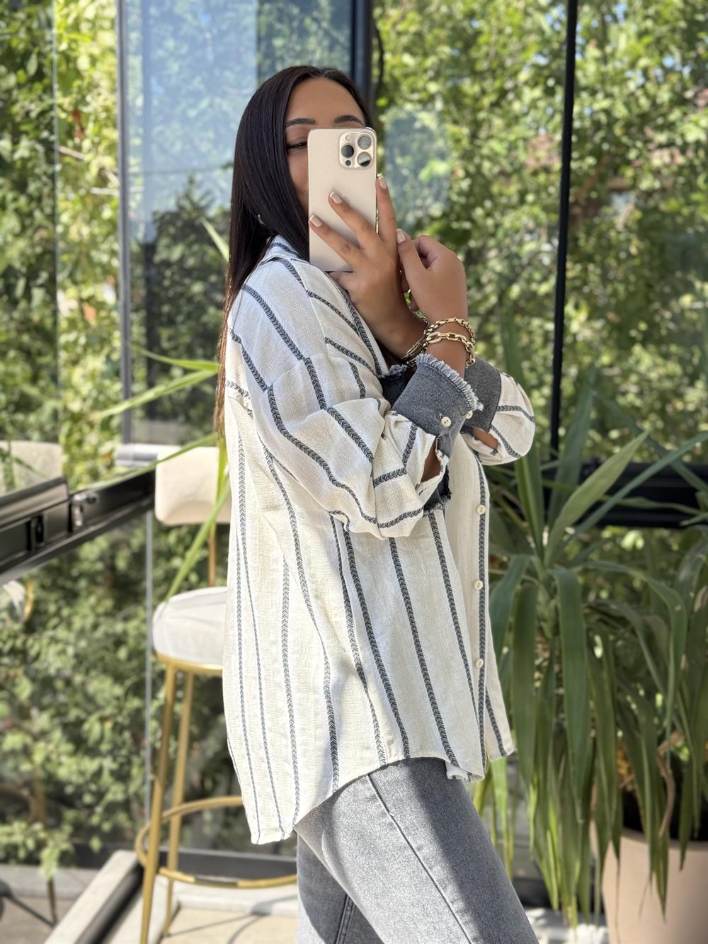 Kot Garnili İbiza Çizgili Keten Gömlek Natural