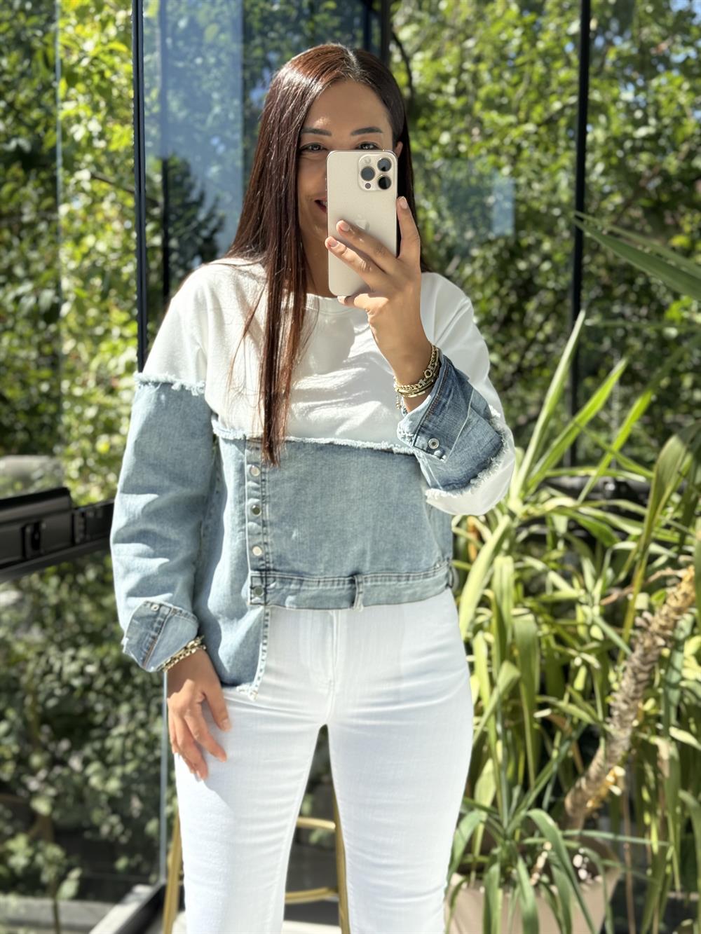 Kot Parça Detaylı Sweatshirt Beyaz