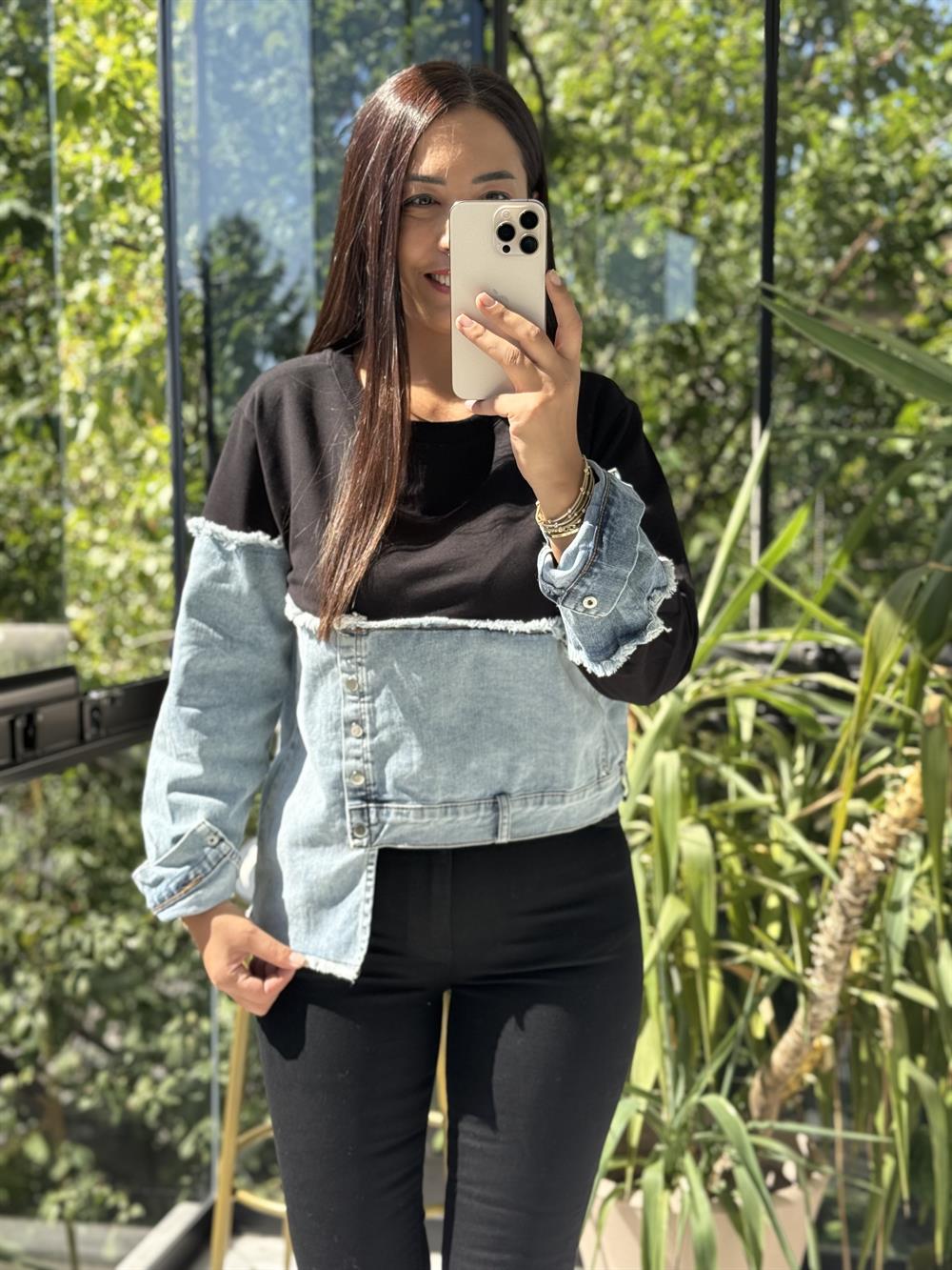 Kot Parça Detaylı Sweatshirt Siyah