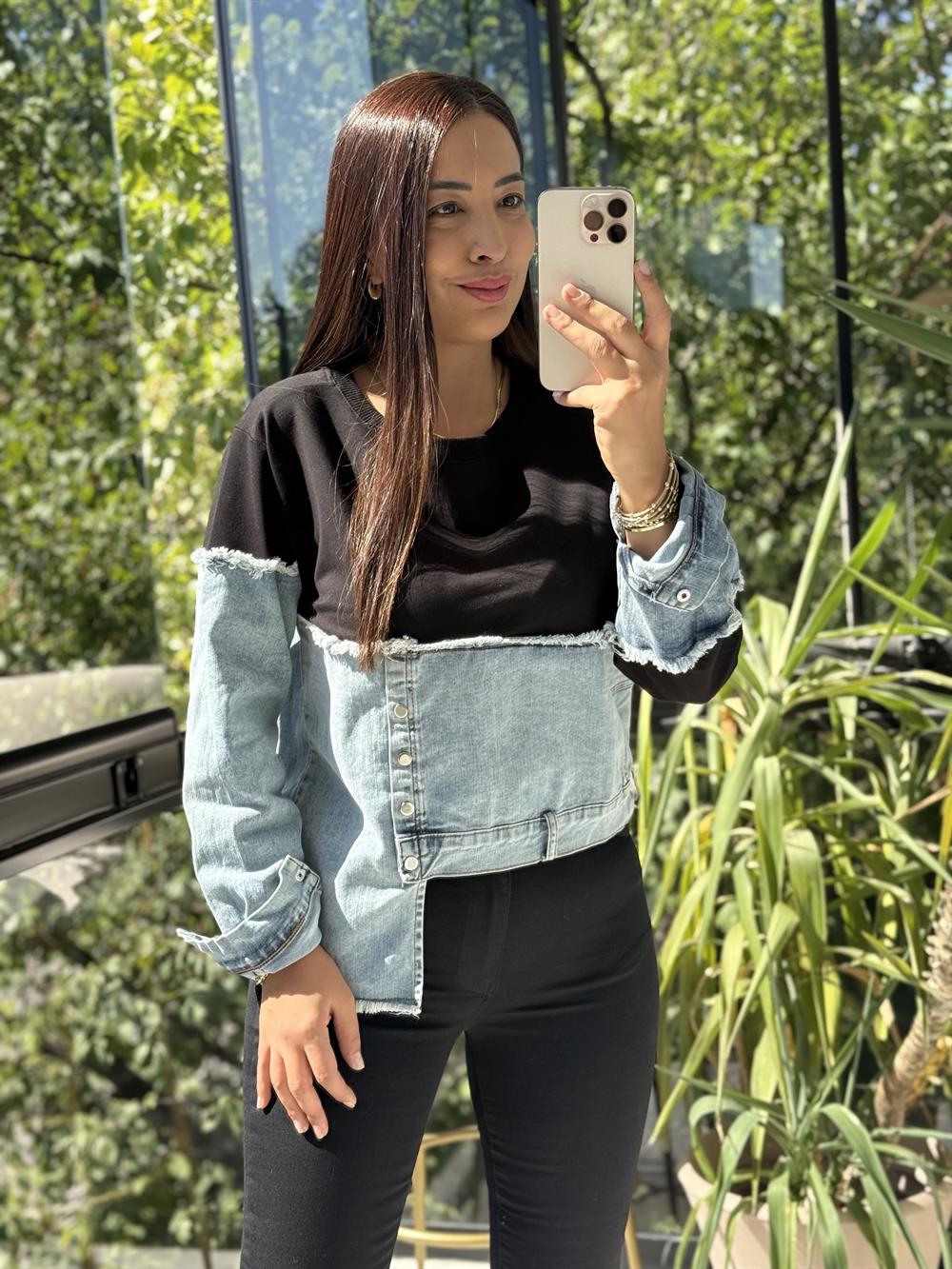 Kot Parça Detaylı Sweatshirt Siyah