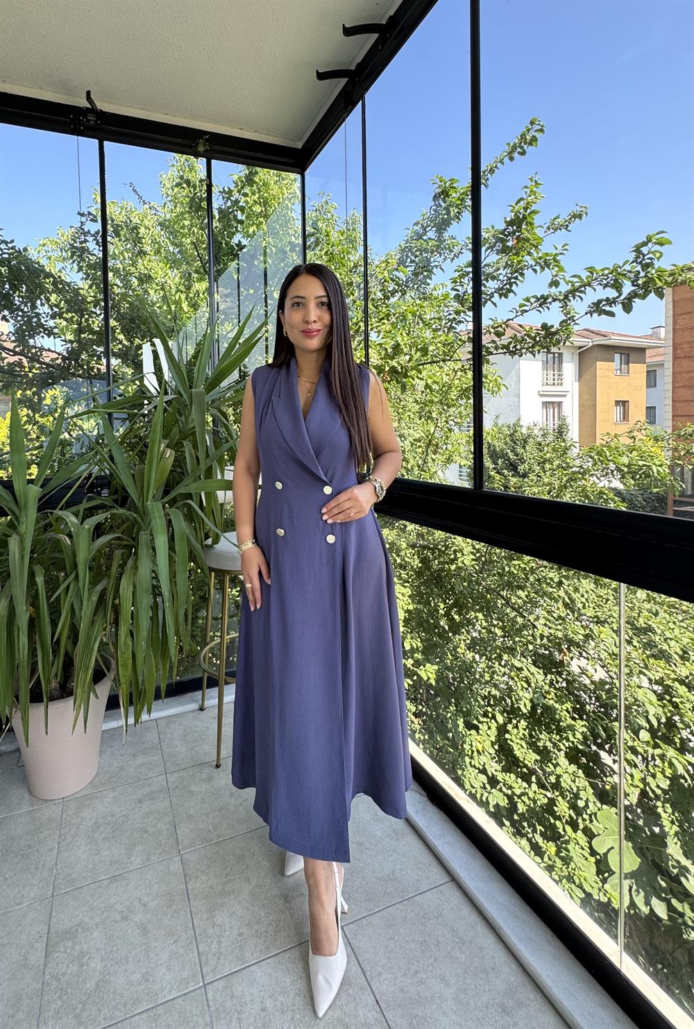 Kruvaz Gold Düğmeli Elbise İndigo Mavi