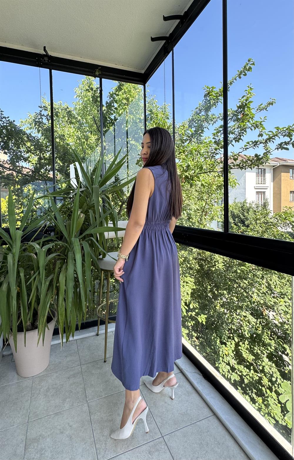 Kruvaz Gold Düğmeli Elbise İndigo Mavi