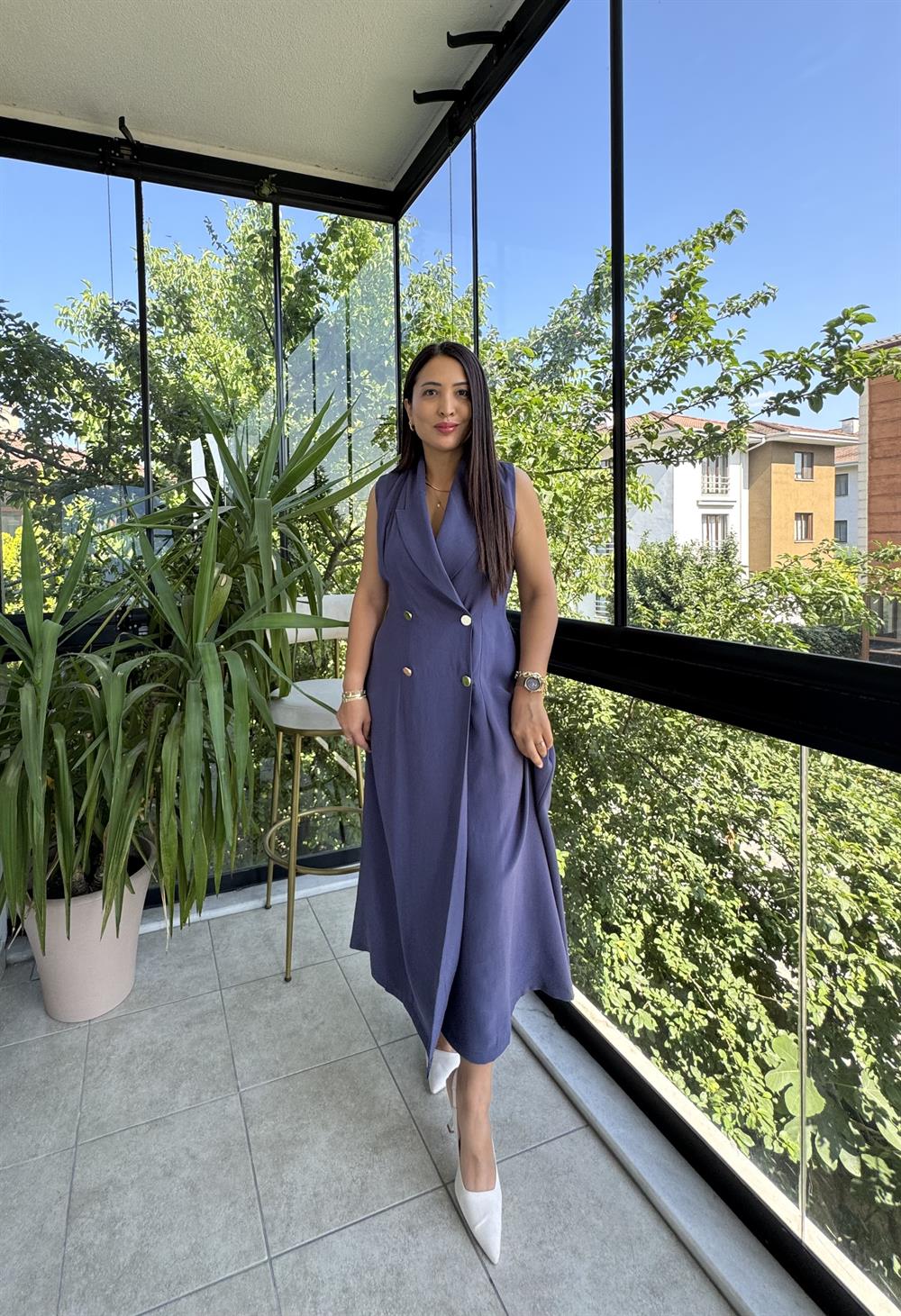 Kruvaz Gold Düğmeli Elbise İndigo Mavi