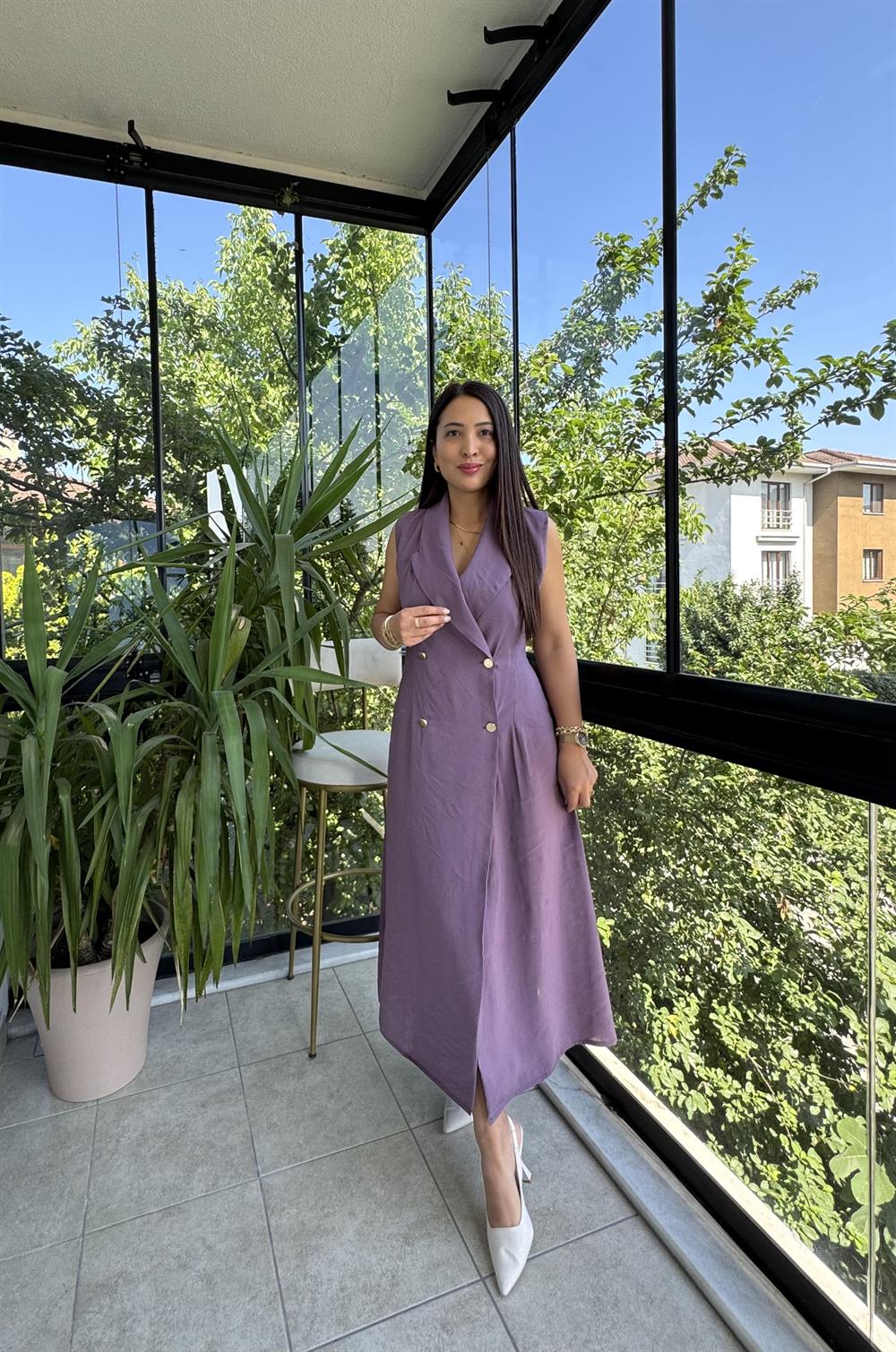 Kruvaz Gold Düğmeli Elbise Lila