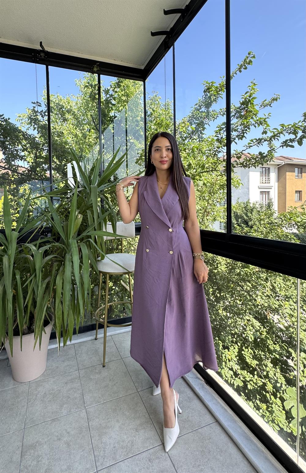 Kruvaz Gold Düğmeli Elbise Lila