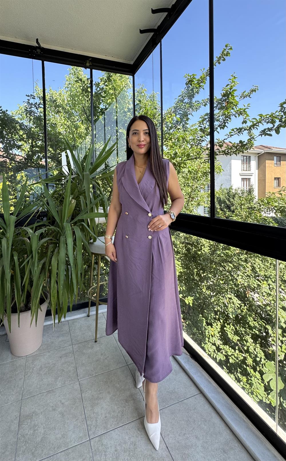 Kruvaz Gold Düğmeli Elbise Lila