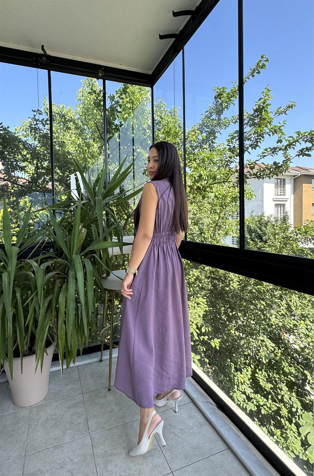 Kruvaz Gold Düğmeli Elbise Lila