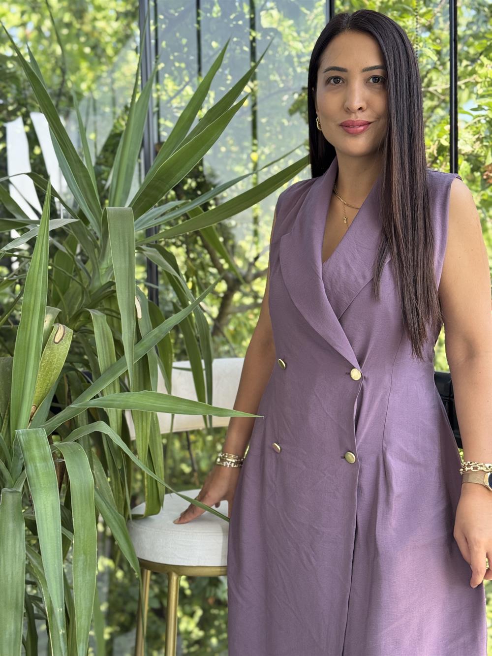 Kruvaz Gold Düğmeli Elbise Lila