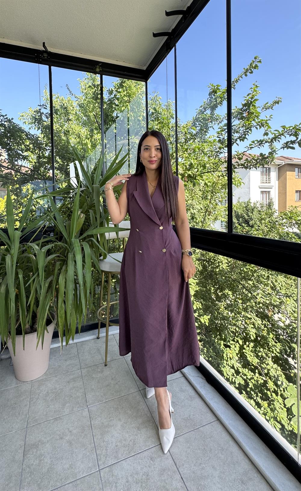 Kruvaz Gold Düğmeli Elbise Mürdüm