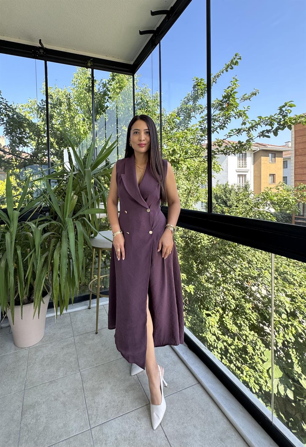 Kruvaz Gold Düğmeli Elbise Mürdüm