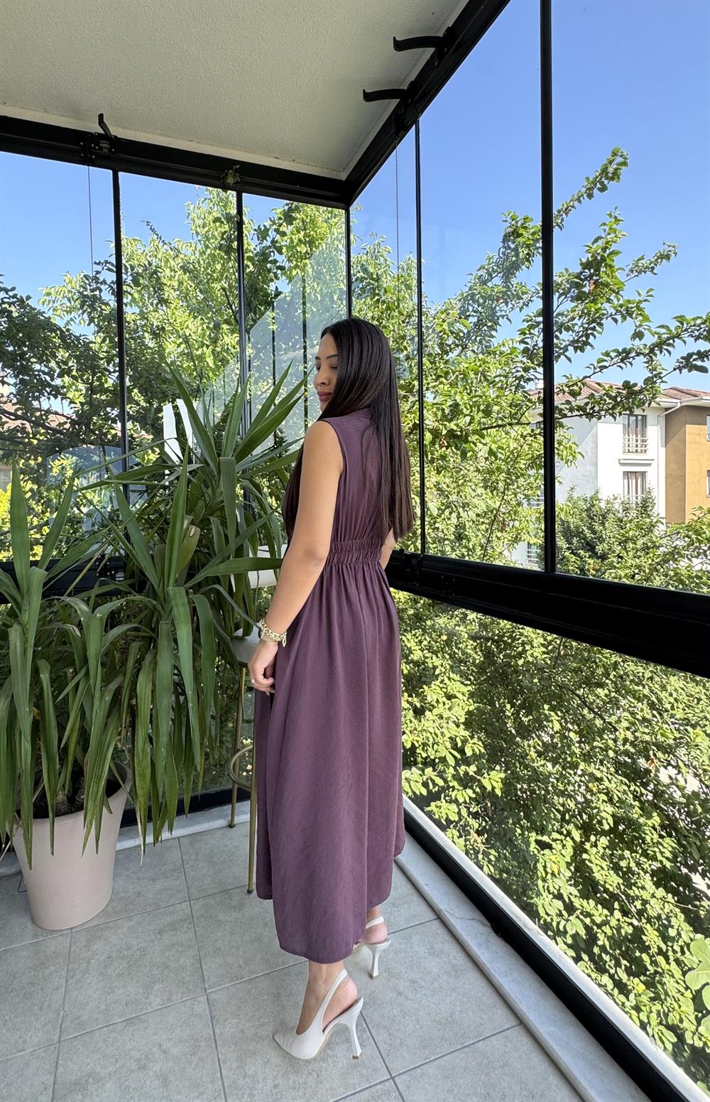 Kruvaz Gold Düğmeli Elbise Mürdüm