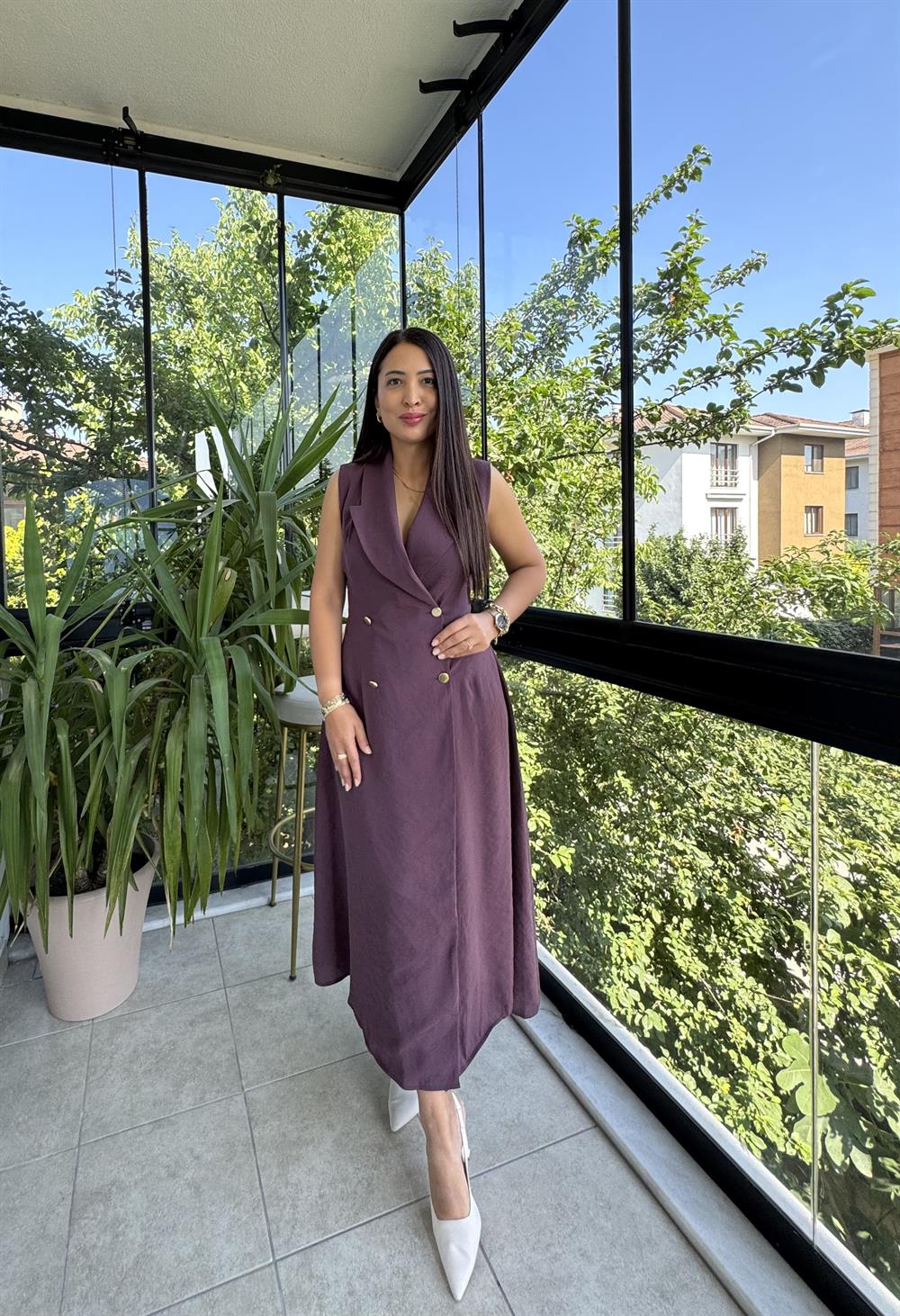 Kruvaz Gold Düğmeli Elbise Mürdüm