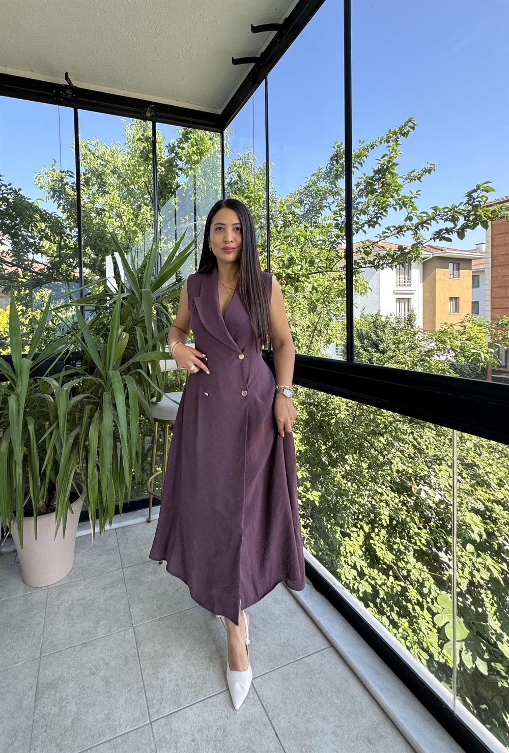 Kruvaz Gold Düğmeli Elbise Mürdüm