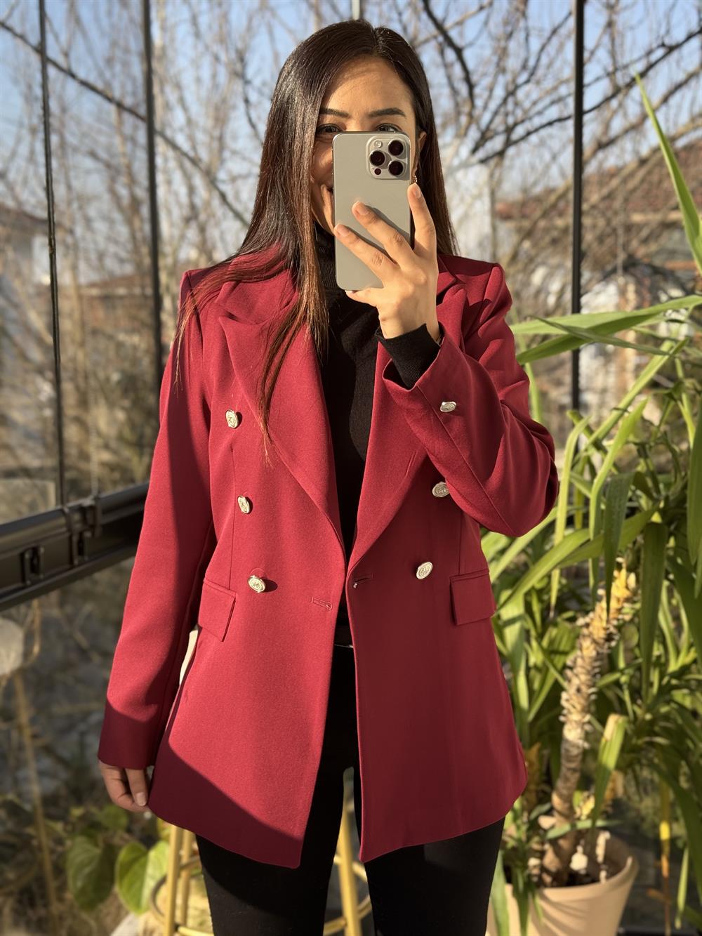 Kruvaze Atlas Blazer Ceket Bordo