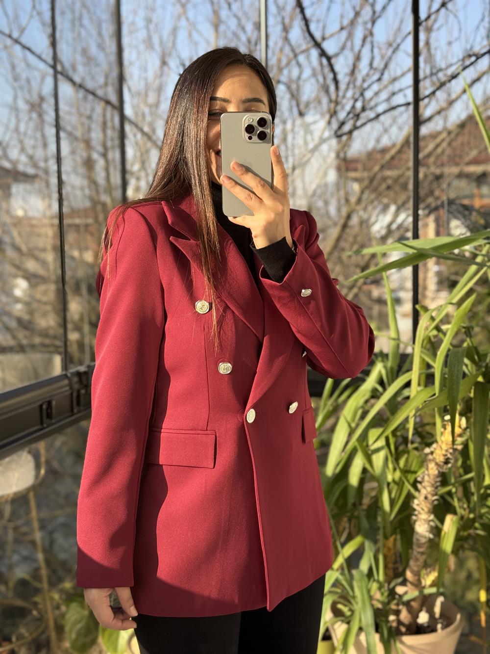 Kruvaze Atlas Blazer Ceket Bordo