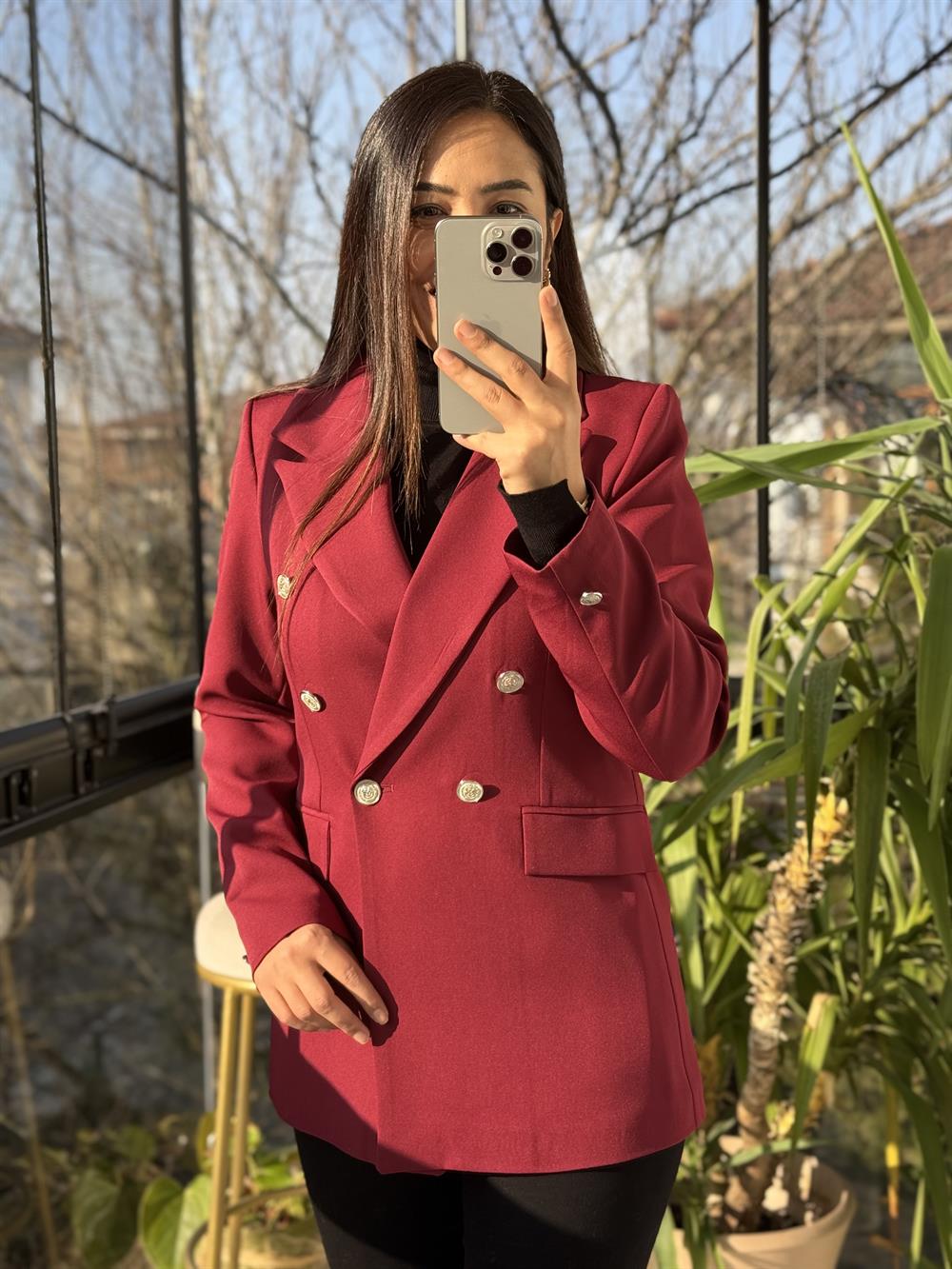 Kruvaze Atlas Blazer Ceket Bordo