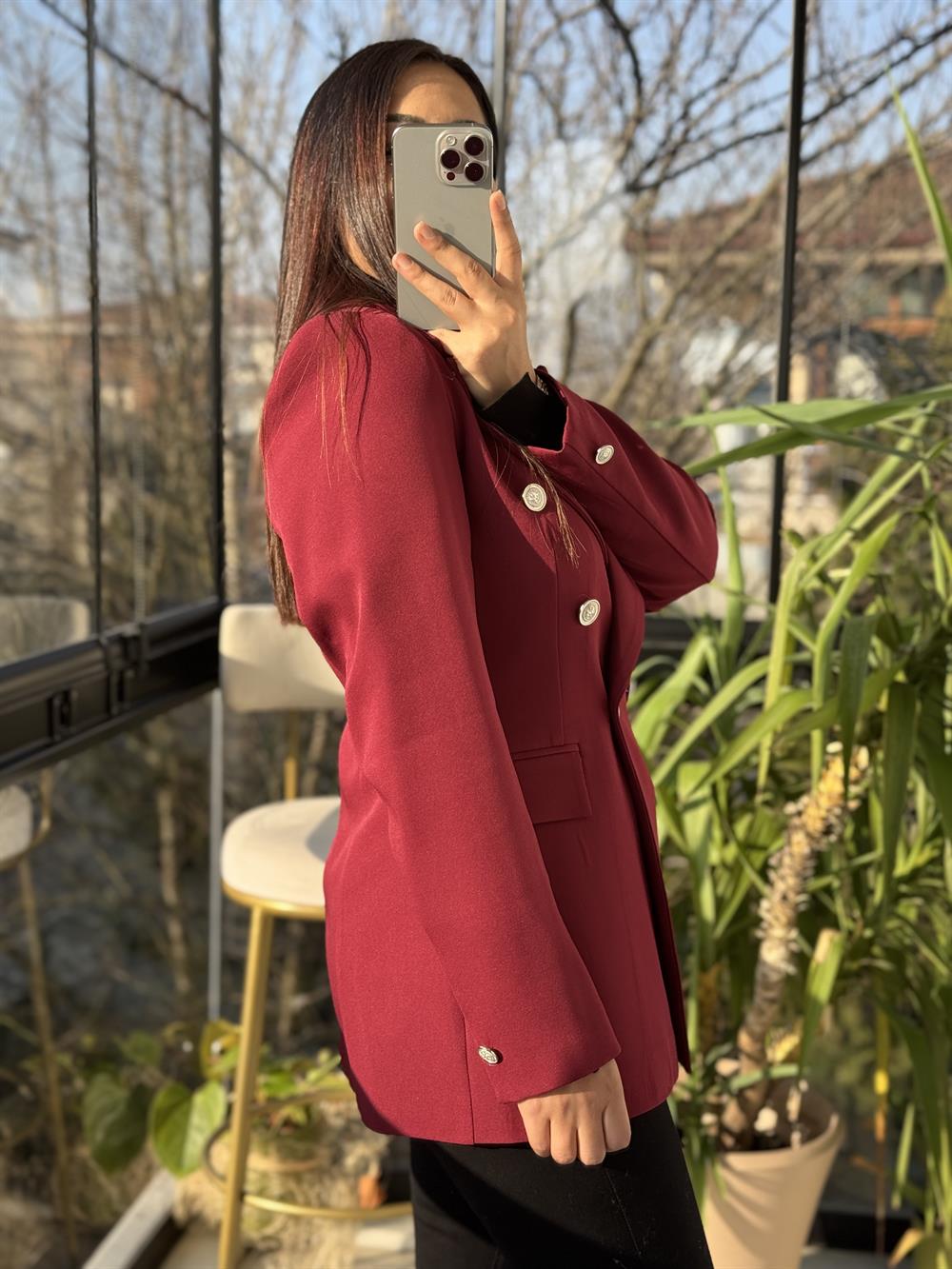 Kruvaze Atlas Blazer Ceket Bordo