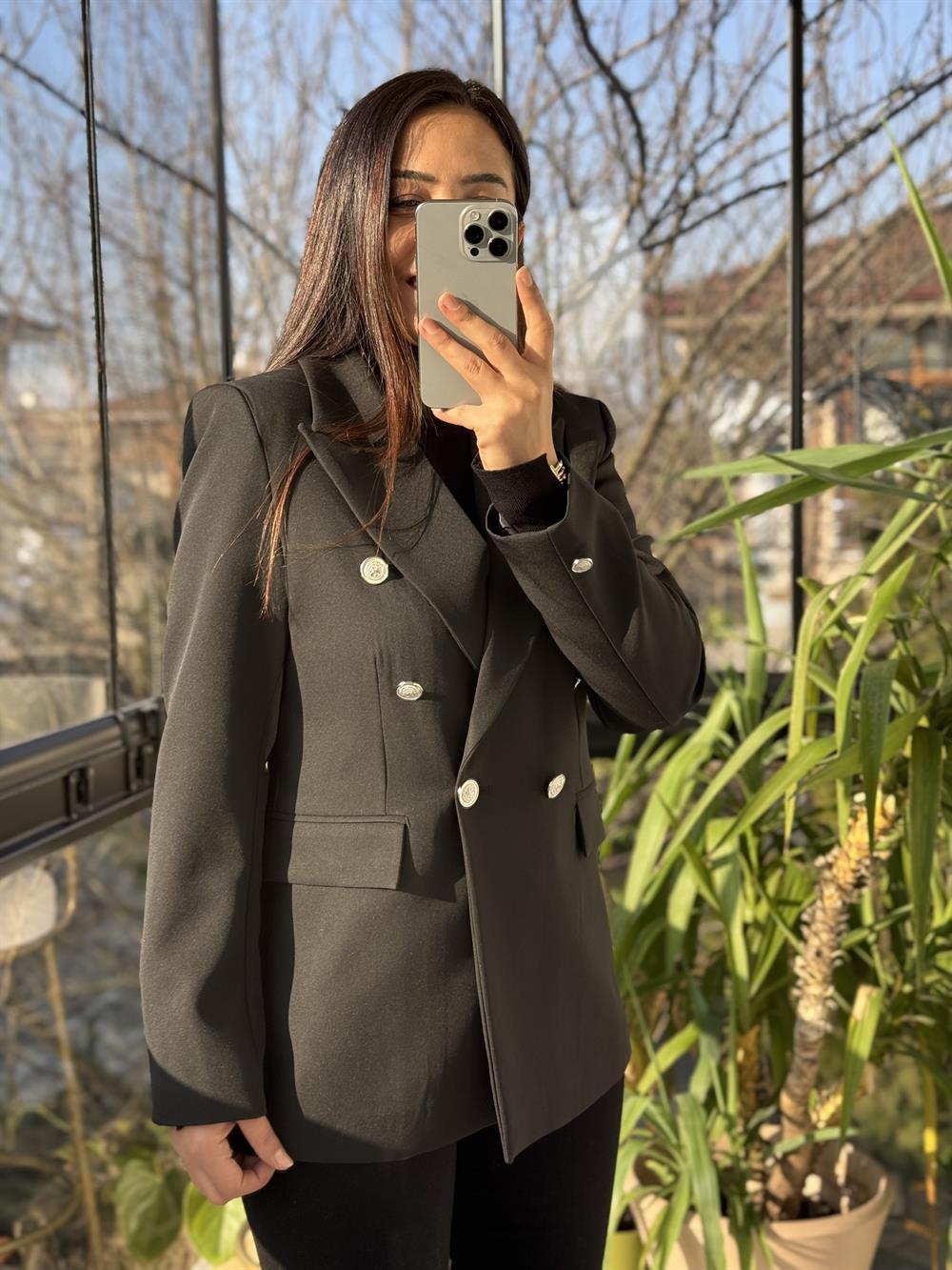 Kruvaze Atlas Blazer Ceket Siyah