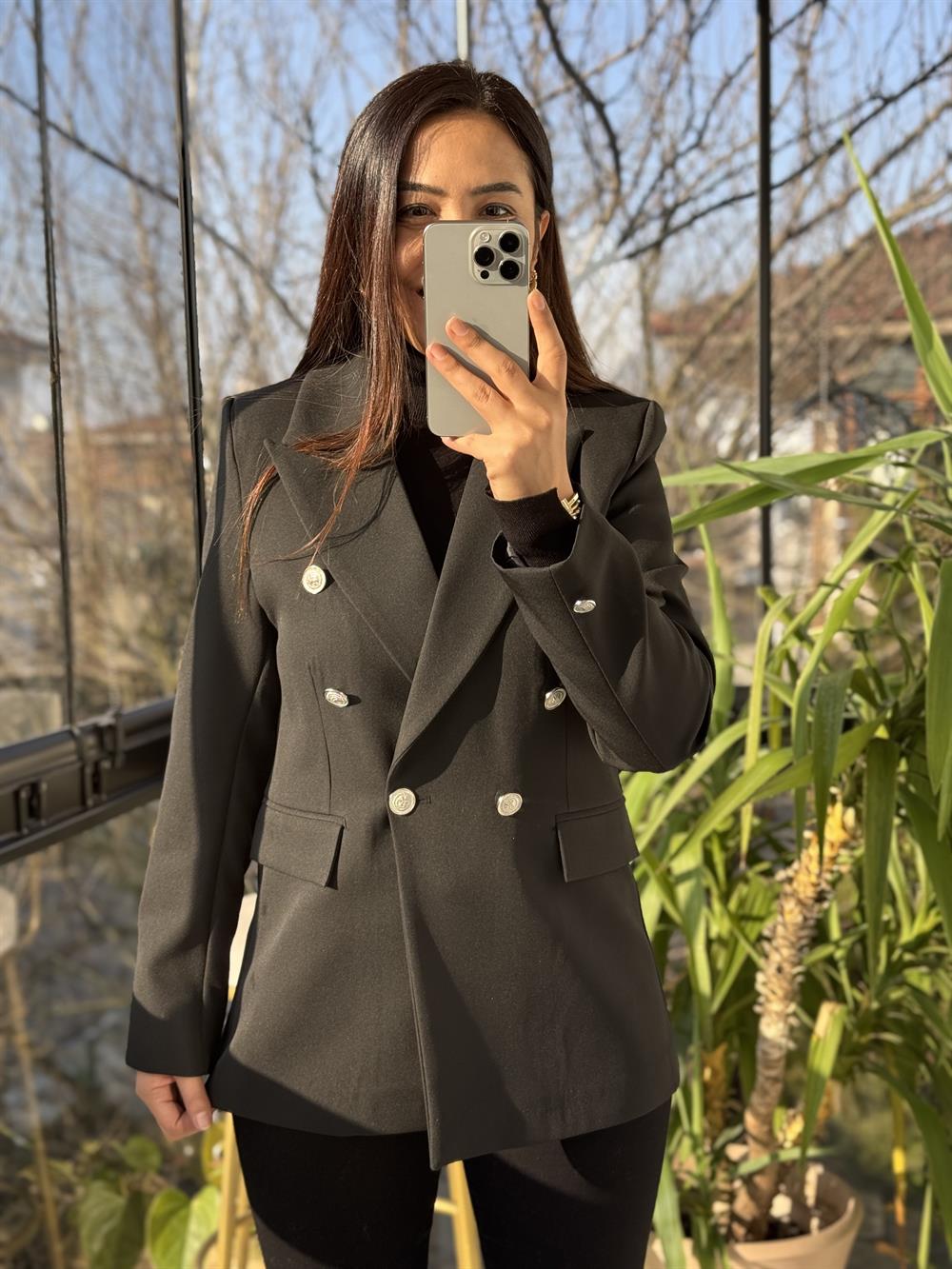 Kruvaze Atlas Blazer Ceket Siyah