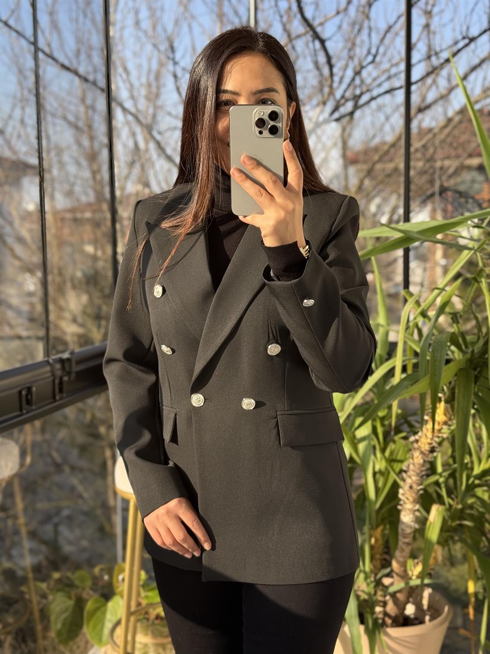 Kruvaze Atlas Blazer Ceket Siyah