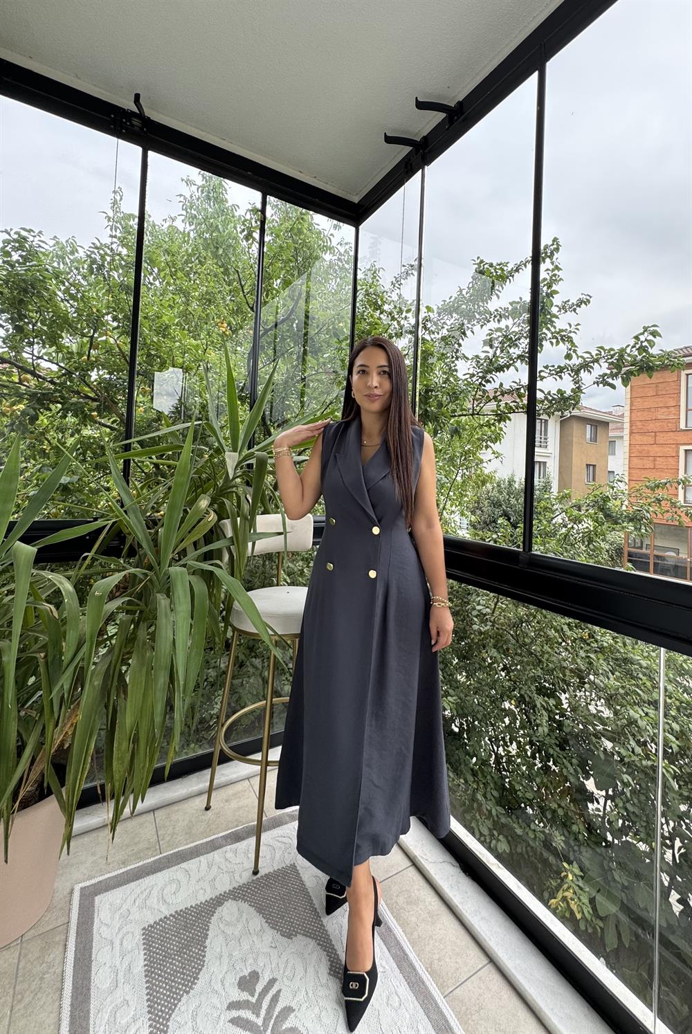 Kruvaze Gold Düğmeli Elbise Antrasit