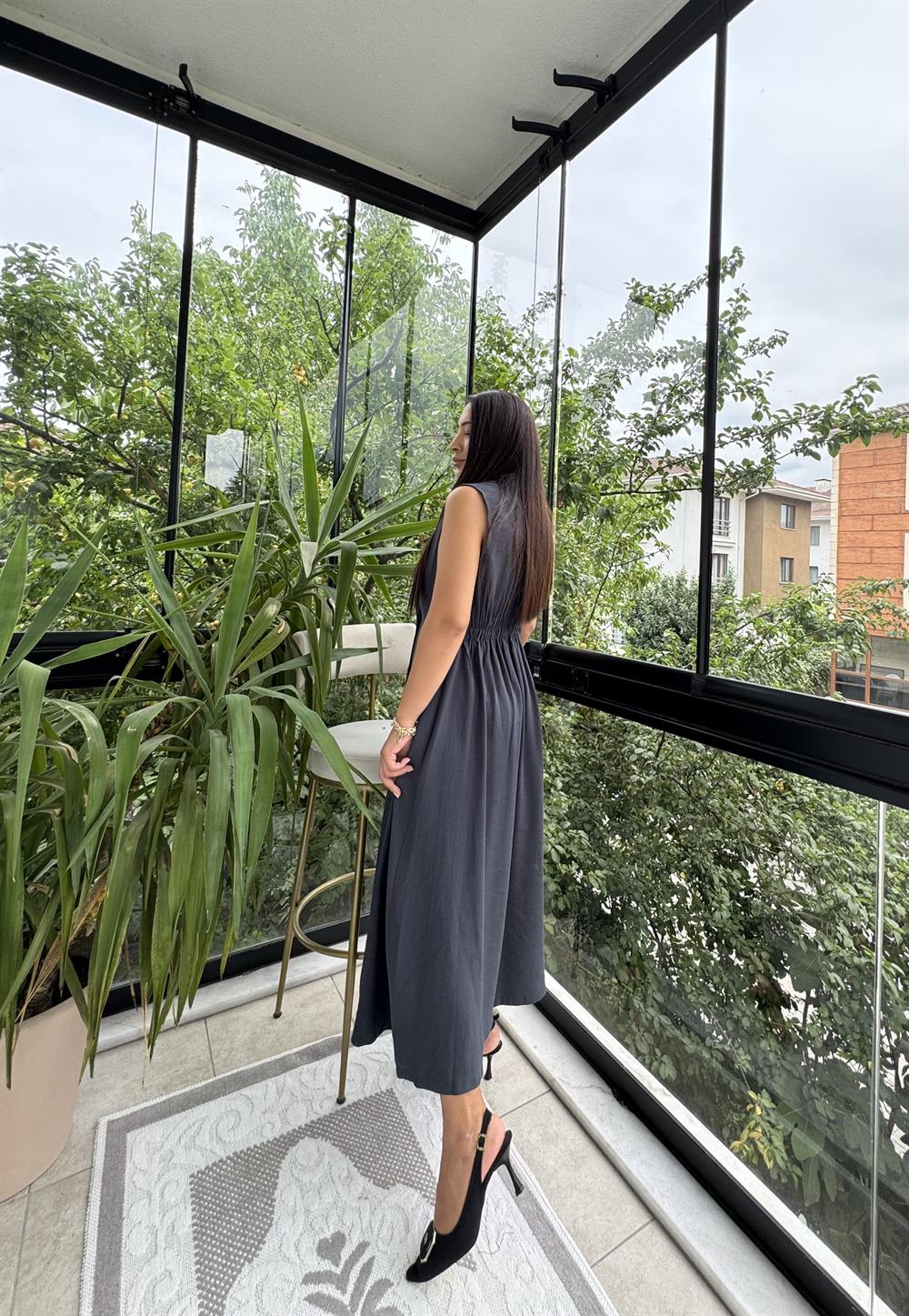 Kruvaze Gold Düğmeli Elbise Antrasit