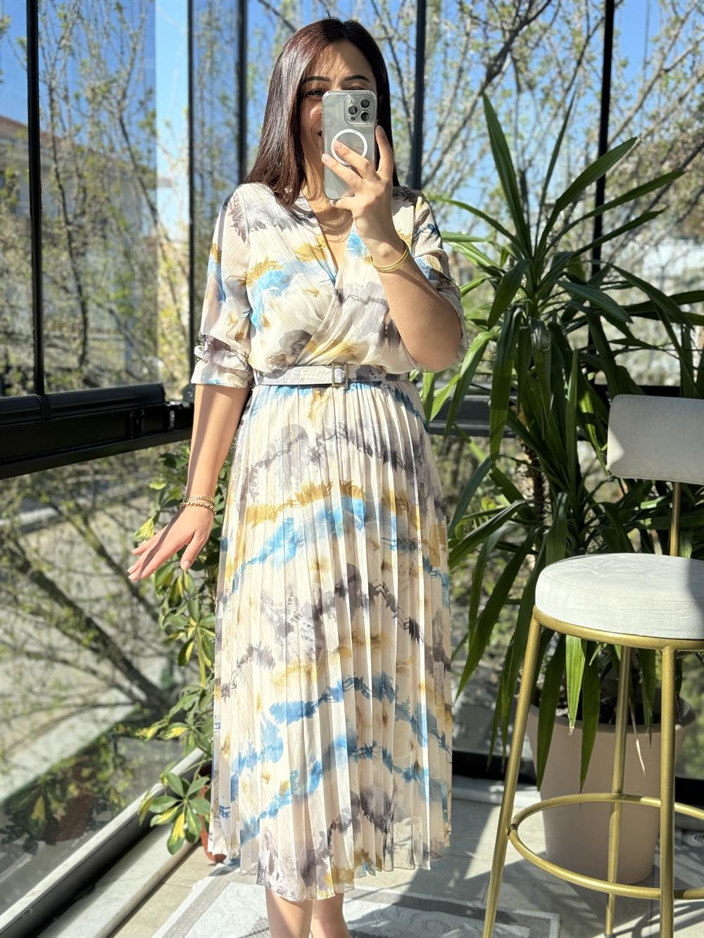 Kruvaze Kemerli Desenli Elbise Mavi