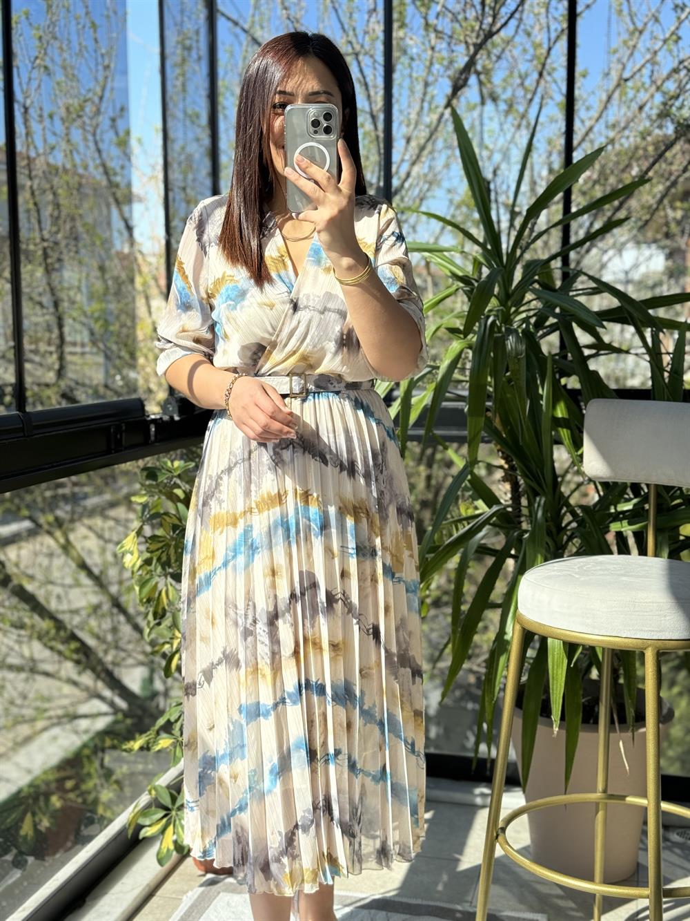 Kruvaze Kemerli Desenli Elbise Mavi