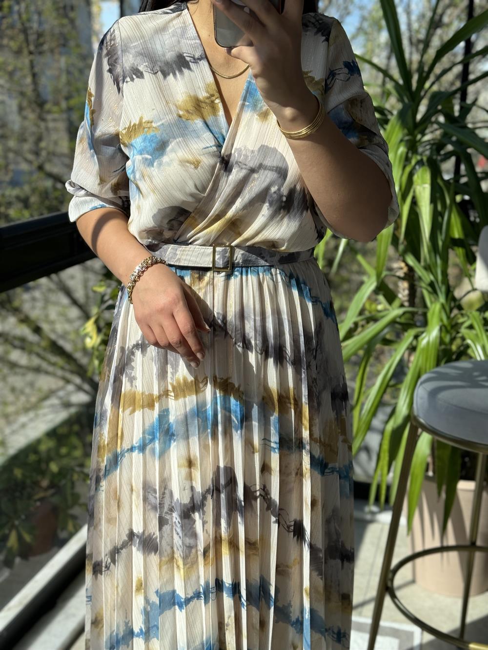 Kruvaze Kemerli Desenli Elbise Mavi