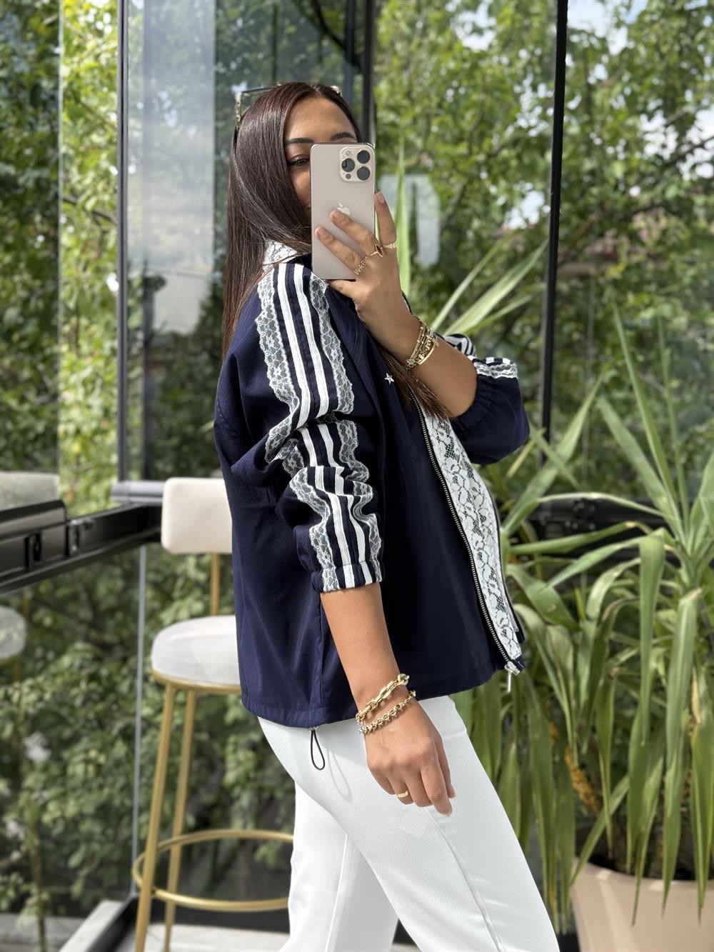 Kumaş Trok Mix Baskılı Ceket Lacivert