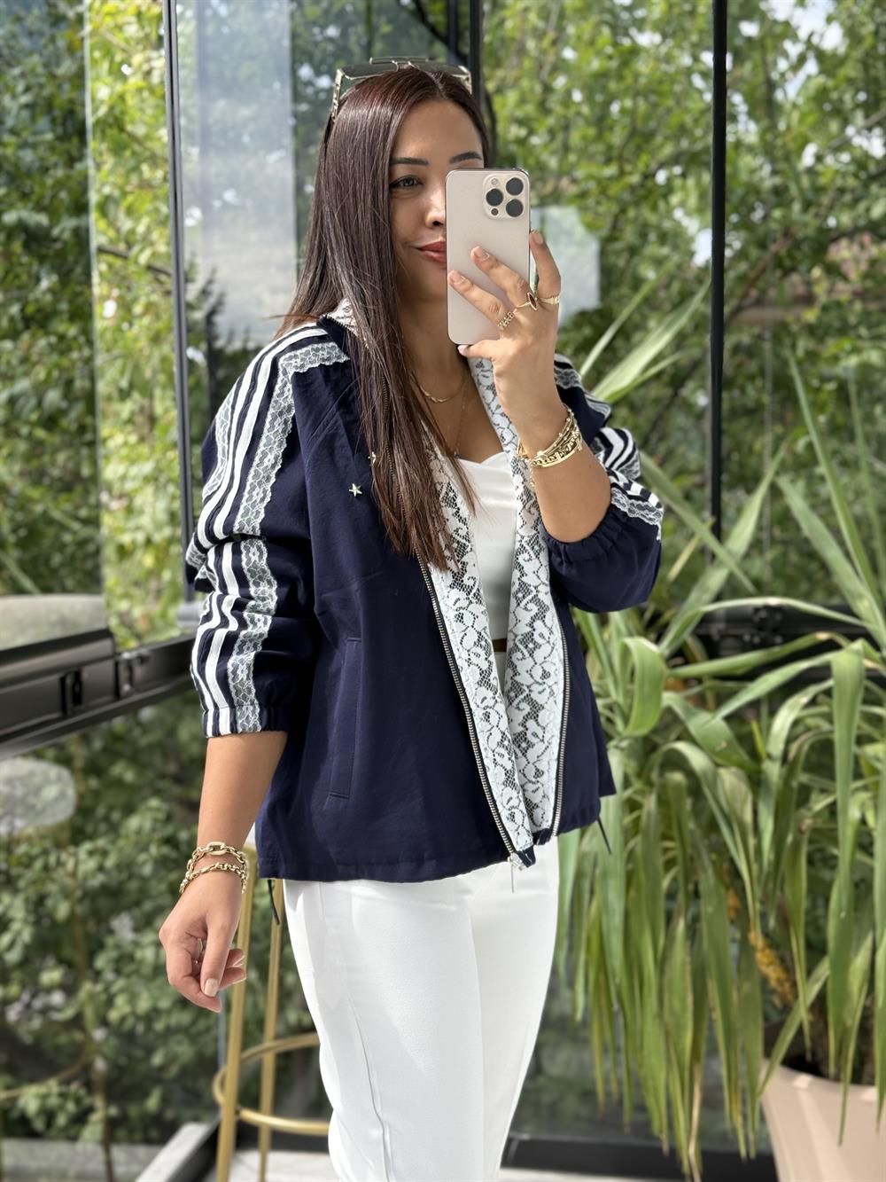 Kumaş Trok Mix Baskılı Ceket Lacivert