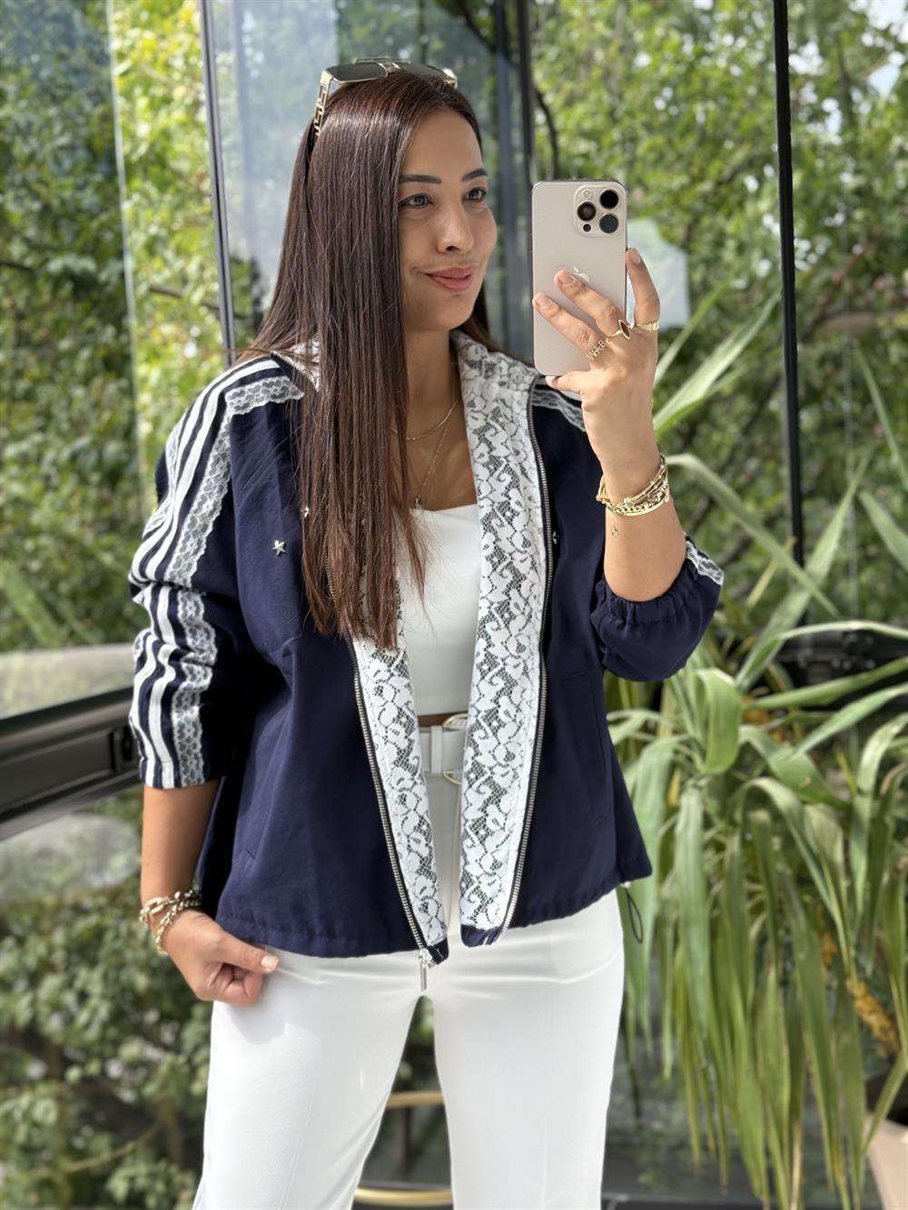 Kumaş Trok Mix Baskılı Ceket Lacivert