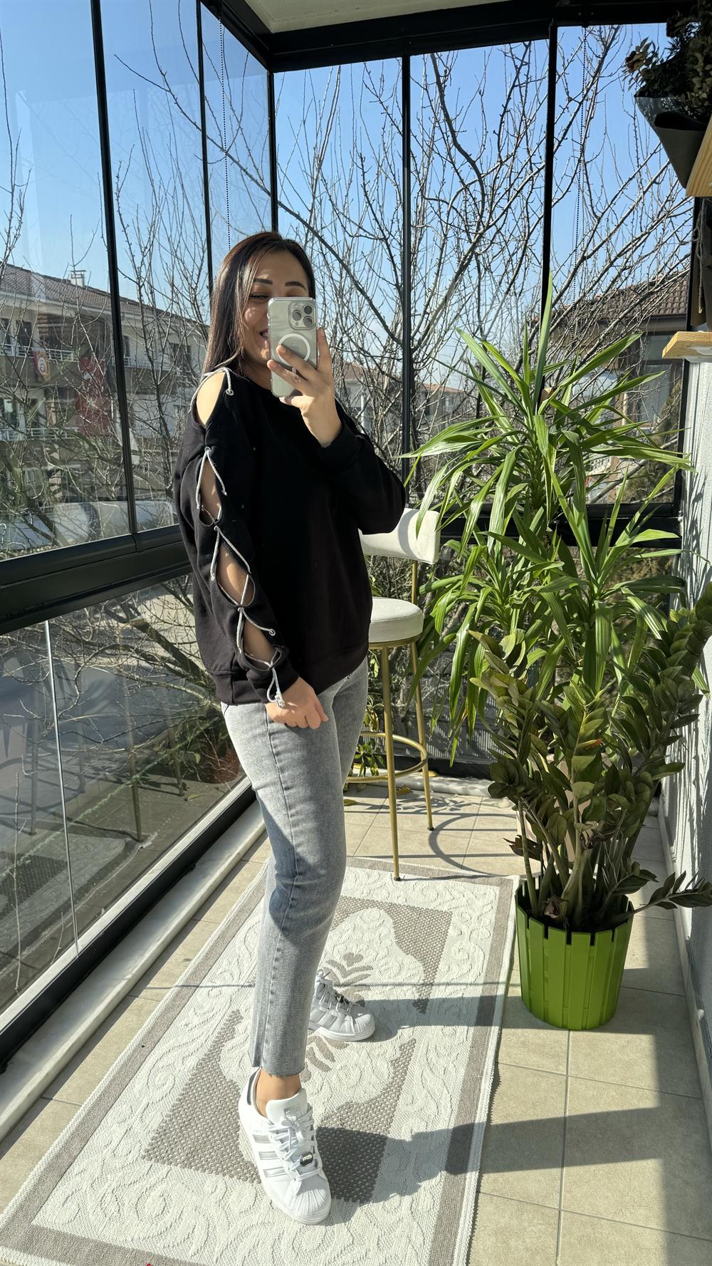 Kuş Gözlü Sweatshirt Siyah