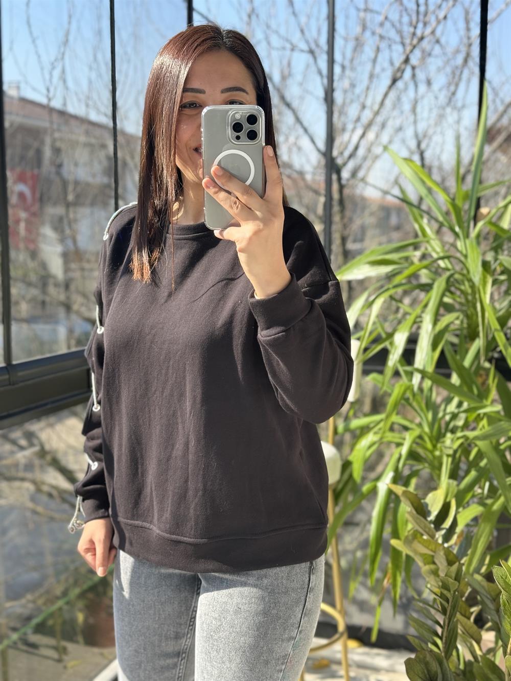 Kuş Gözlü Sweatshirt Siyah