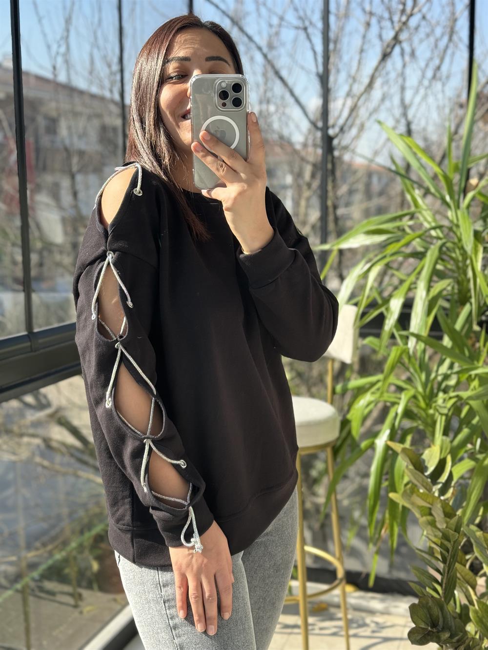 Kuş Gözlü Sweatshirt Siyah