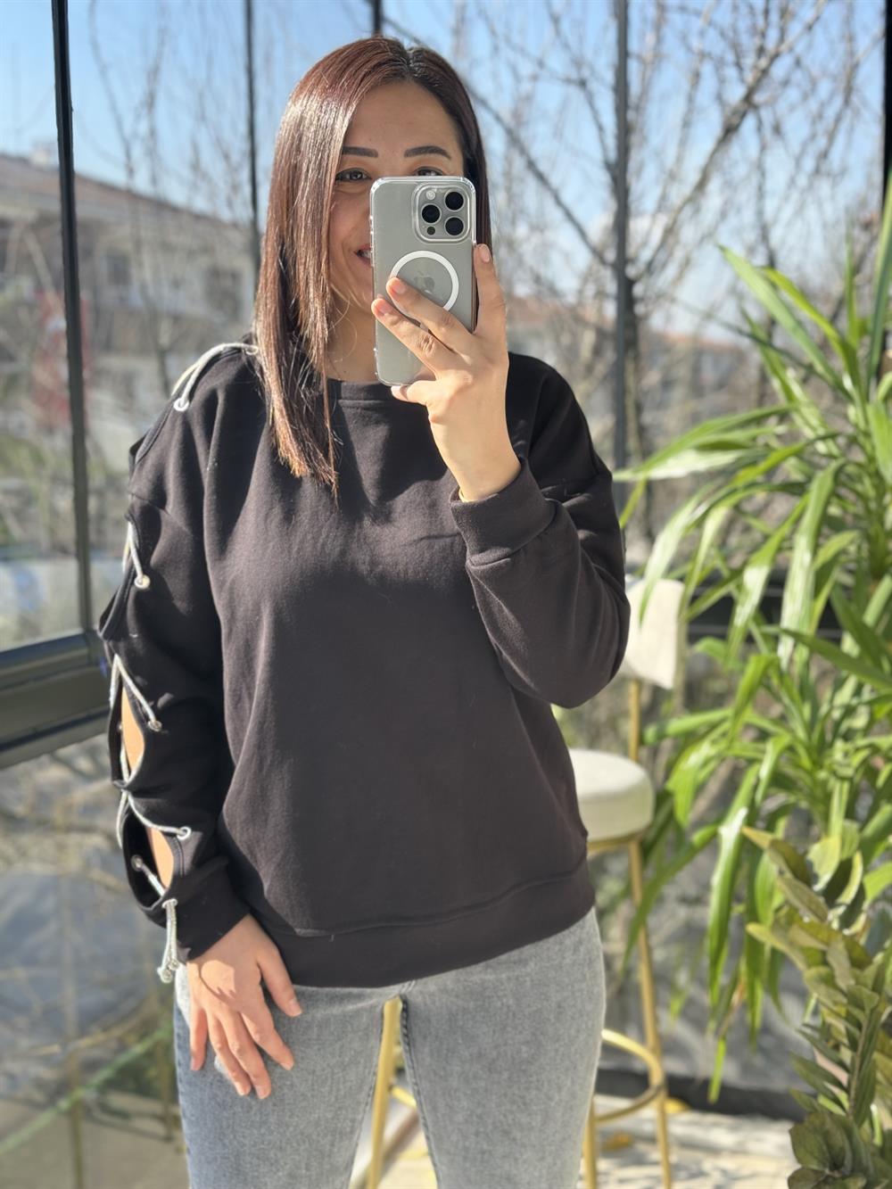 Kuş Gözlü Sweatshirt Siyah