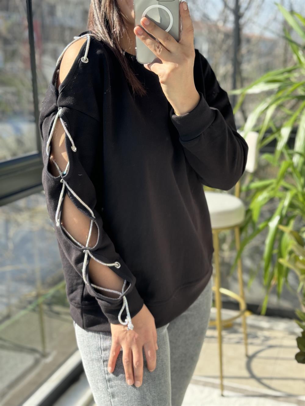 Kuş Gözlü Sweatshirt Siyah
