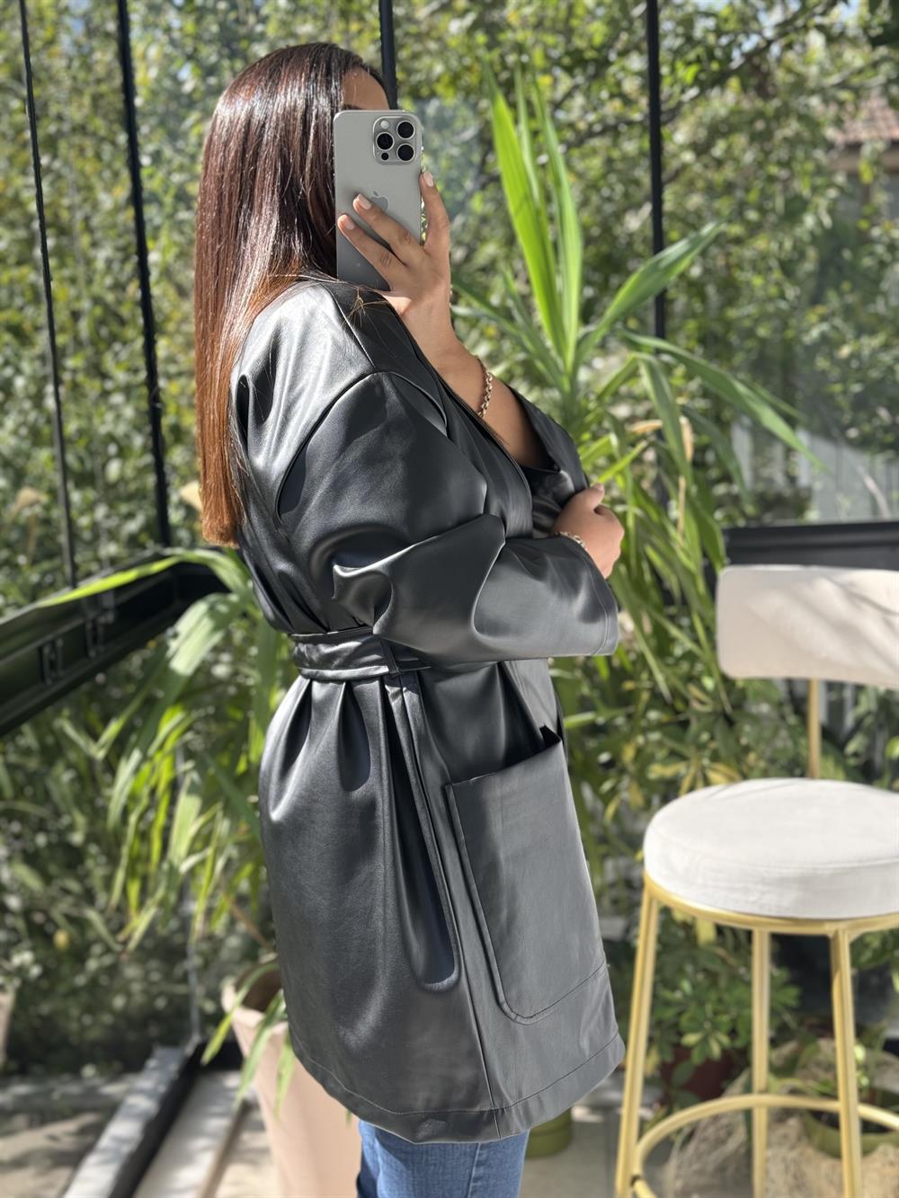 Kuşaklı Deri Ceket Siyah