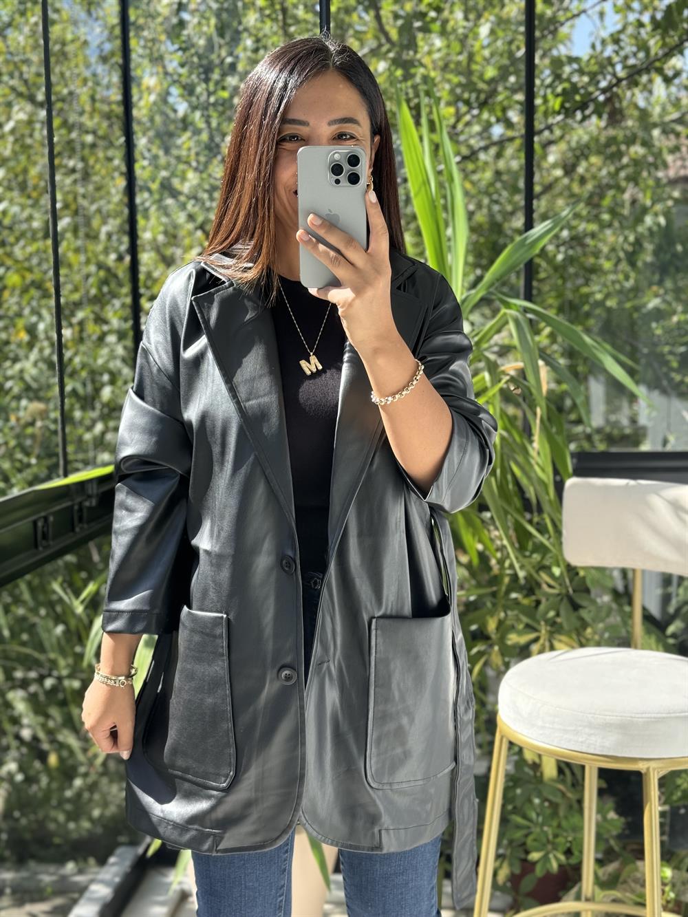 Kuşaklı Deri Ceket Siyah