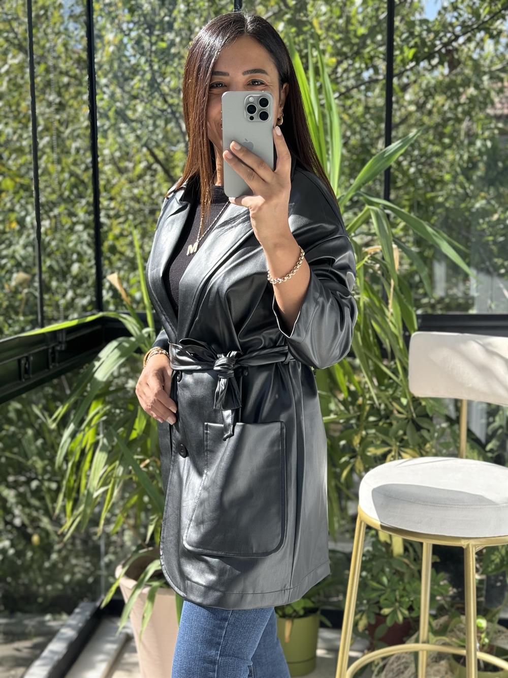 Kuşaklı Deri Ceket Siyah