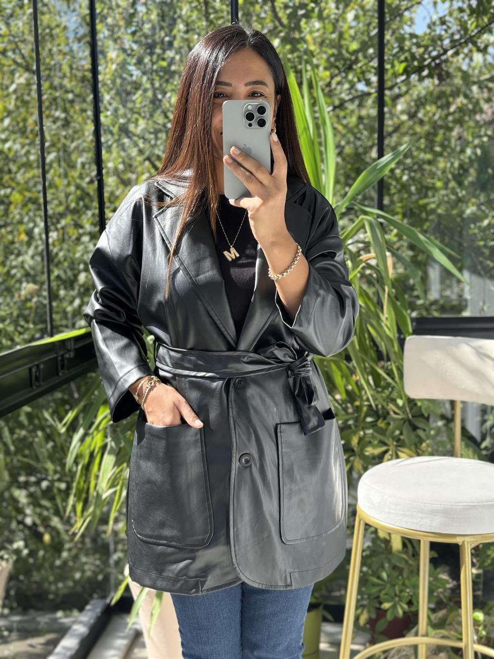 Kuşaklı Deri Ceket Siyah