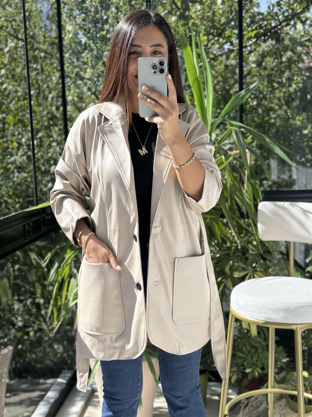 Kuşaklı Deri Ceket Vizon