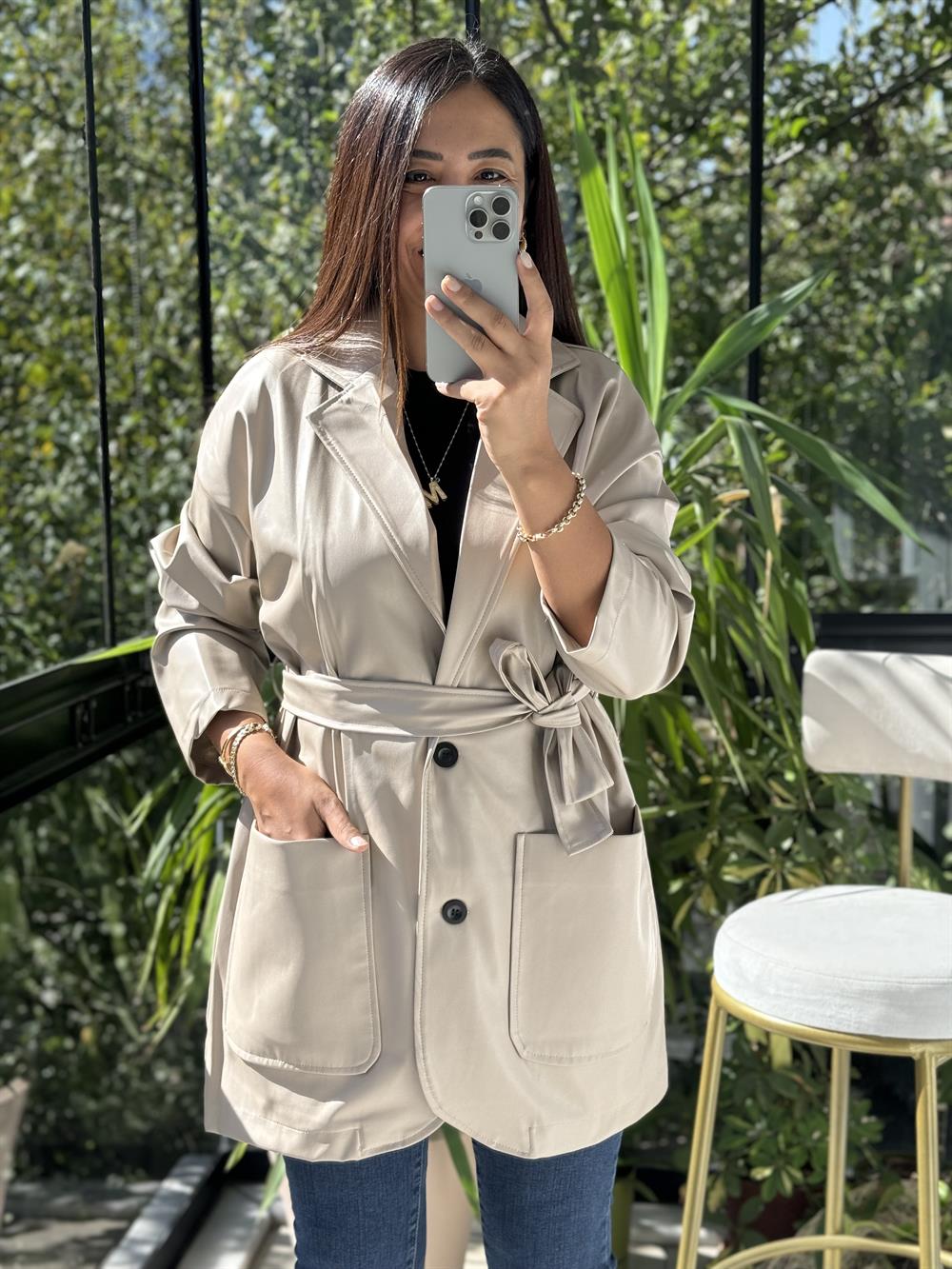 Kuşaklı Deri Ceket Vizon